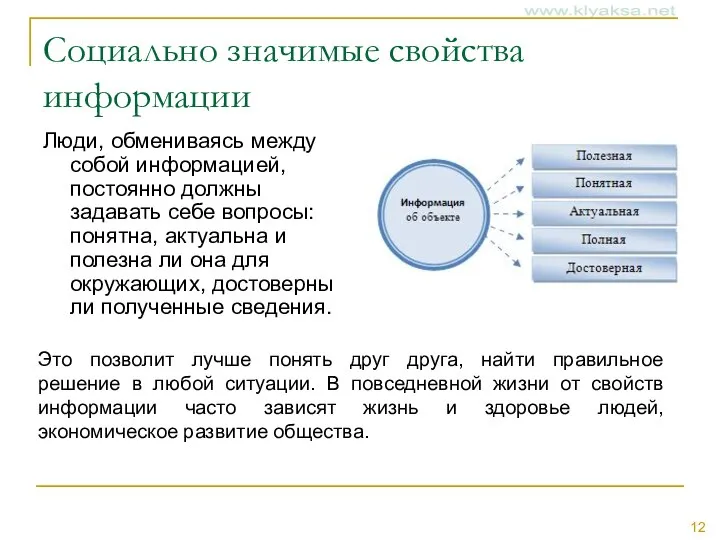 Социально значимые свойства информации Люди, обмениваясь между собой информацией, постоянно должны задавать