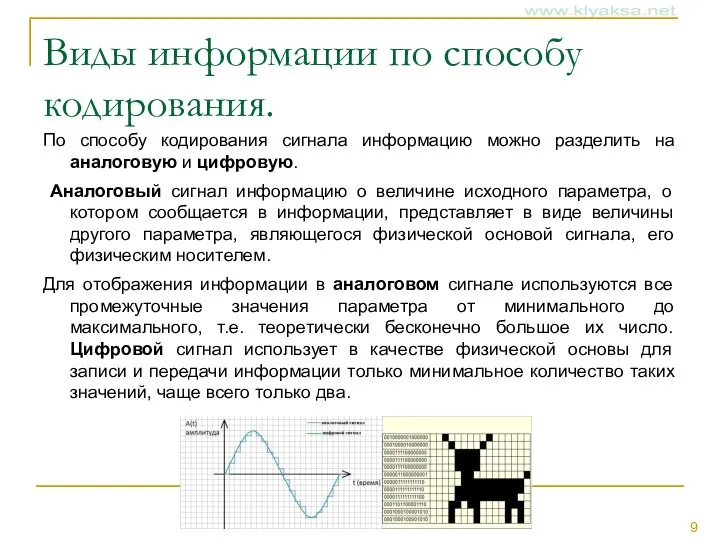 Виды информации по способу кодирования. По способу кодирования сигнала информацию можно разделить