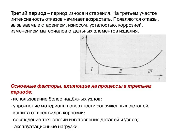 Третий период – период износа и старения. На третьем участке интенсивность отказов