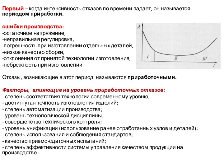 Первый – когда интенсивность отказов по времени падает, он называется периодом приработки.