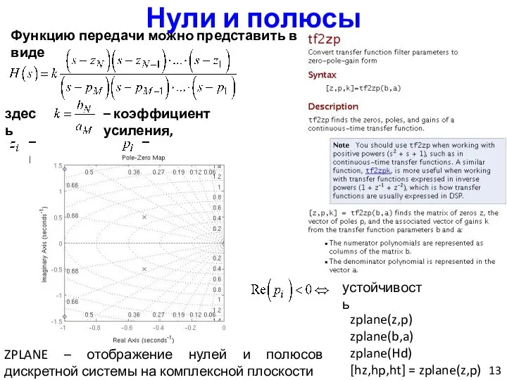 Нули и полюсы Функцию передачи можно представить в виде здесь – коэффициент