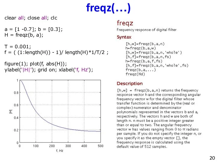 freqz(…) clear all; close all; clc a = [1 -0.7]; b =