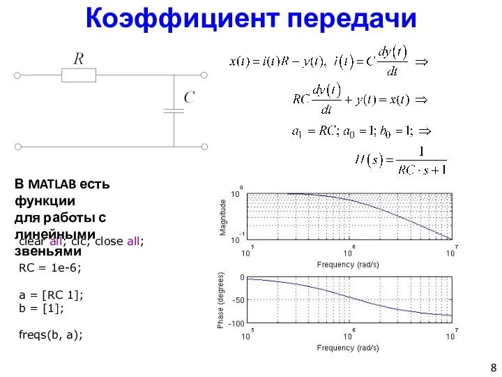 Коэффициент передачи clear all; clc; close all; RC = 1e-6; a =