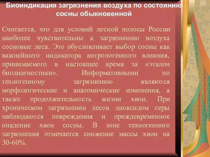 Считается, что для условий лесной полосы России наиболее чувствительны к загрязнению воздуха