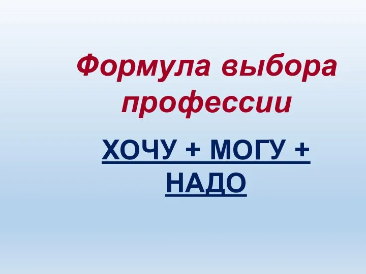 Формула выбора профессии ХОЧУ + МОГУ + НАДО