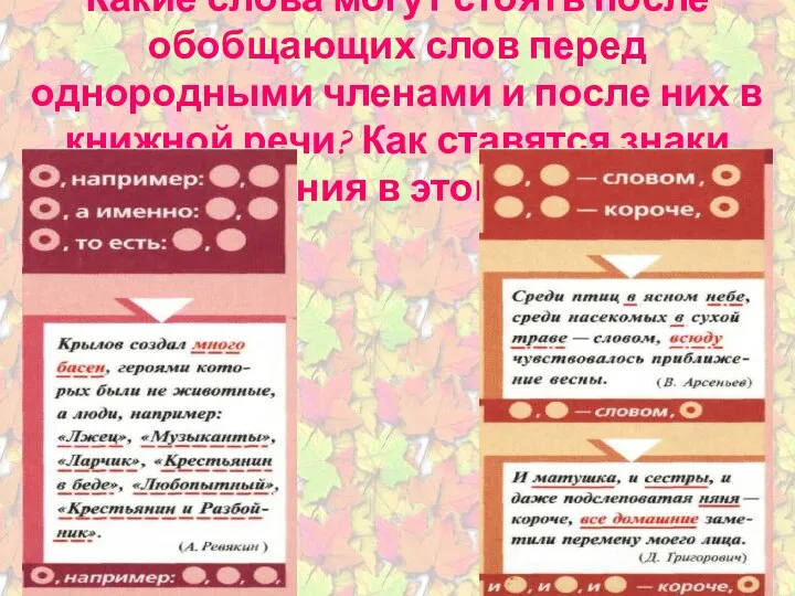 Какие слова могут стоять после обобщающих слов перед однородными членами и после