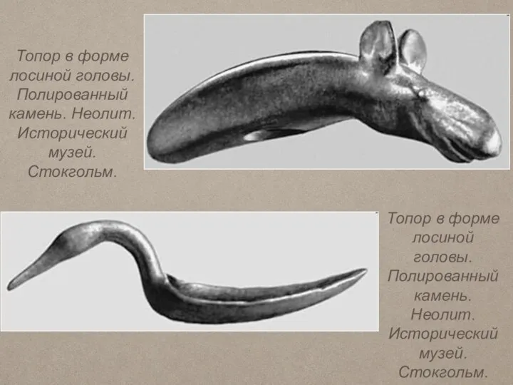 Топор в форме лосиной головы. Полированный камень. Неолит. Исторический музей. Стокгольм. Топор