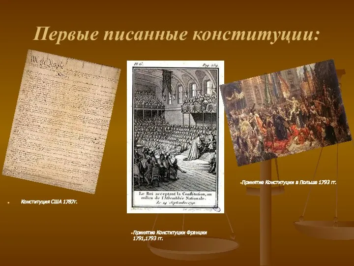 Первые писанные конституции: Конституция США 1787г. Принятие Конституции Франции 1791,1793 гг. Принятие