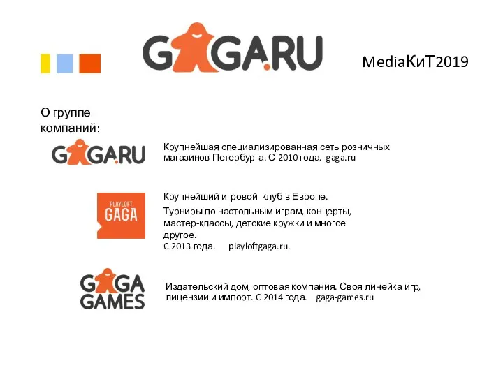 MediaКиТ2019 Крупнейшая специализированная сеть розничных магазинов Петербурга. С 2010 года. gaga.ru Крупнейший