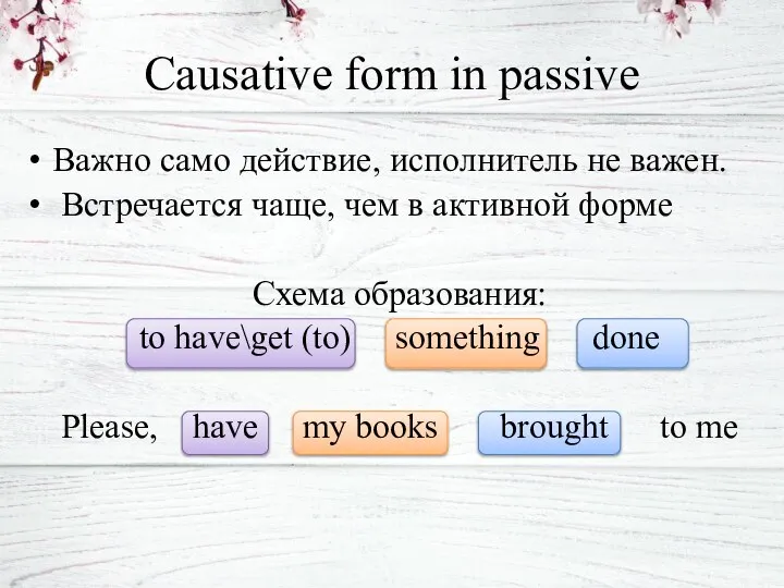 Causative form in passive Важно само действие, исполнитель не важен. Встречается чаще,