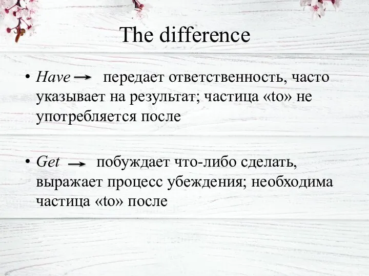 The difference Have передает ответственность, часто указывает на результат; частица «to» не