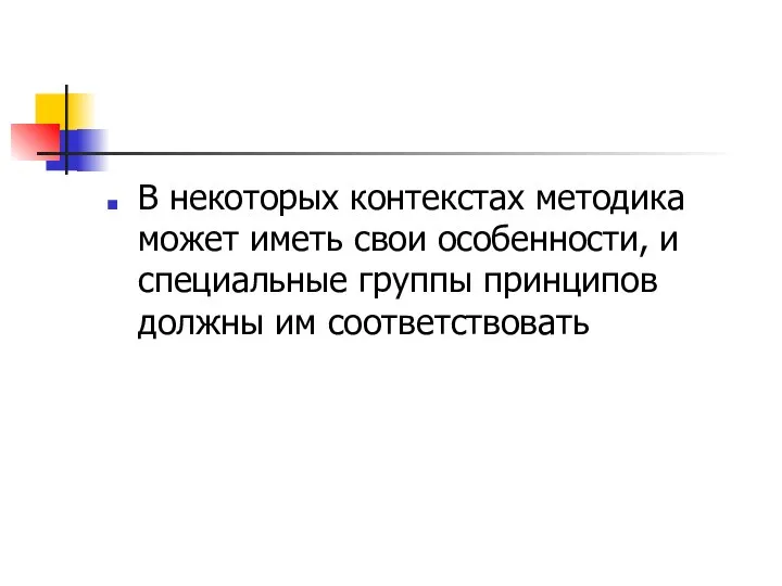 В некоторых контекстах методика может иметь свои особенности, и специальные группы принципов должны им соответствовать