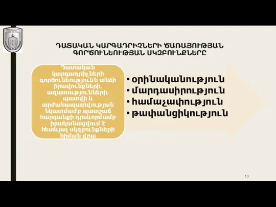 ԴԱՏԱԿԱՆ ԿԱՐԳԱԴՐԻՉՆԵՐԻ ԾԱՌԱՅՈՒԹՅԱՆ ԳՈՐԾՈՒՆԵՈՒԹՅԱՆ ՍԿԶԲՈՒՆՔՆԵՐԸ