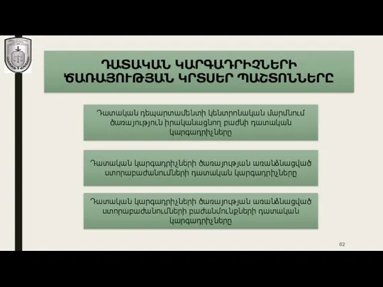 ԴԱՏԱԿԱՆ ԿԱՐԳԱԴՐԻՉՆԵՐԻ ԾԱՌԱՅՈՒԹՅԱՆ ԿՐՏՍԵՐ ՊԱՇՏՈՆՆԵՐԸ Դատական դեպարտամենտի կենտրոնական մարմնում ծառայություն իրականացնող բաժնի