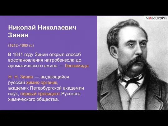 Николай Николаевич Зинин (1812–1880 гг.) В 1841 году Зинин открыл способ восстановления