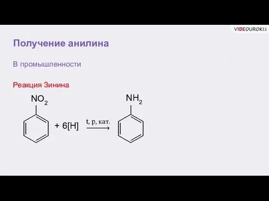 Получение анилина В промышленности Реакция Зинина NO2 NH2 + 6[H]