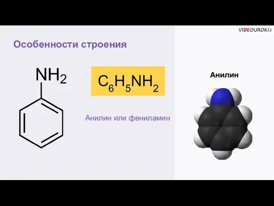 Особенности строения Анилин С6H5NH2 Анилин или фениламин