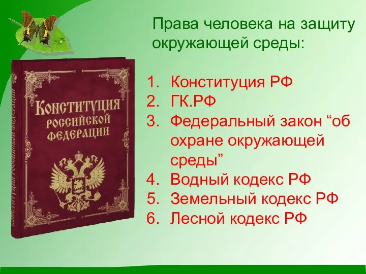 Права человека на защиту окружающей среды: Конституция РФ ГК.РФ Федеральный закон “об