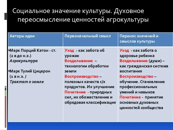 Социальное значение культуры. Духовное переосмысление ценностей агрокультуры