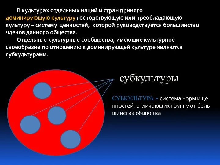 В культурах отдельных наций и стран принято выделять доминирующую культуру господствующую или