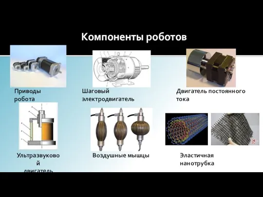 Компоненты роботов Приводы робота Двигатель постоянного тока Шаговый электродвигатель Ультразвуковой двигатель Воздушные мышцы Эластичная нанотрубка