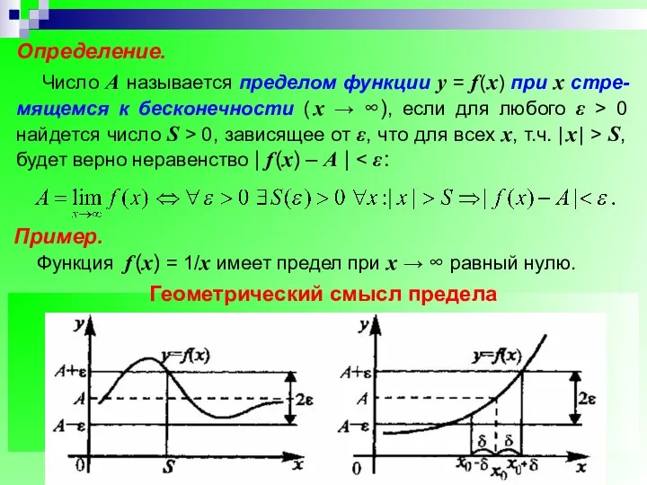 Определение. Число А называется пределом функции у = f (х) при х