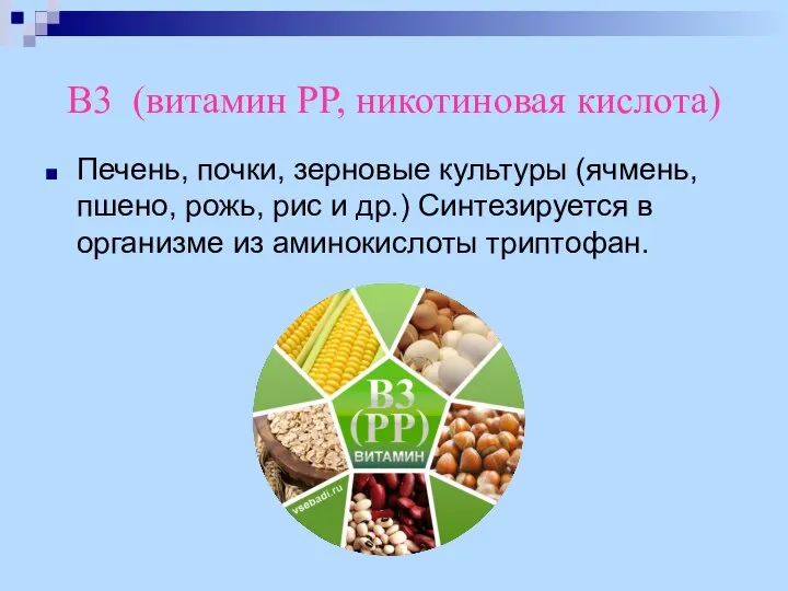 В3 (витамин РР, никотиновая кислота) Печень, почки, зерновые культуры (ячмень, пшено, рожь,
