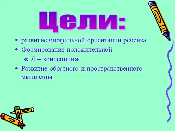 развитие биофильной ориентации ребенка Формирование положительной « Я – концепции» Развитие образного и пространственного мышления Цели: