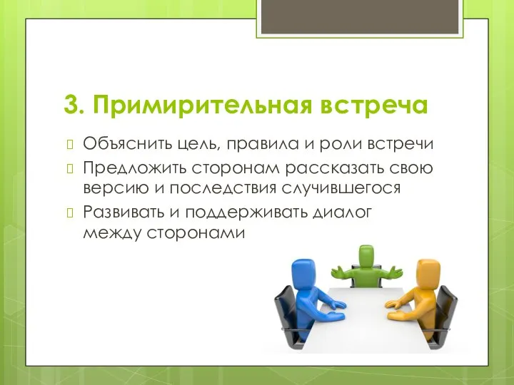 3. Примирительная встреча Объяснить цель, правила и роли встречи Предложить сторонам рассказать