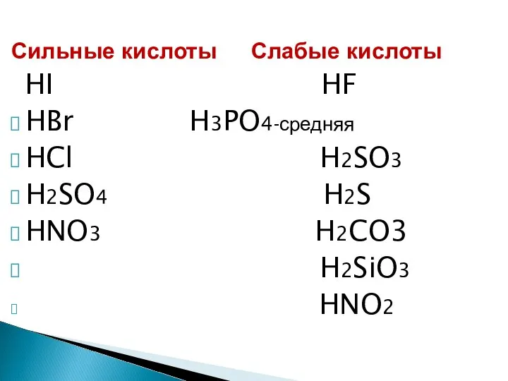 Сильные кислоты Слабые кислоты HI HF HBr H3PO4-средняя HCl H2SO3 H2SO4 H2S HNO3 H2CO3 H2SiO3 HNO2