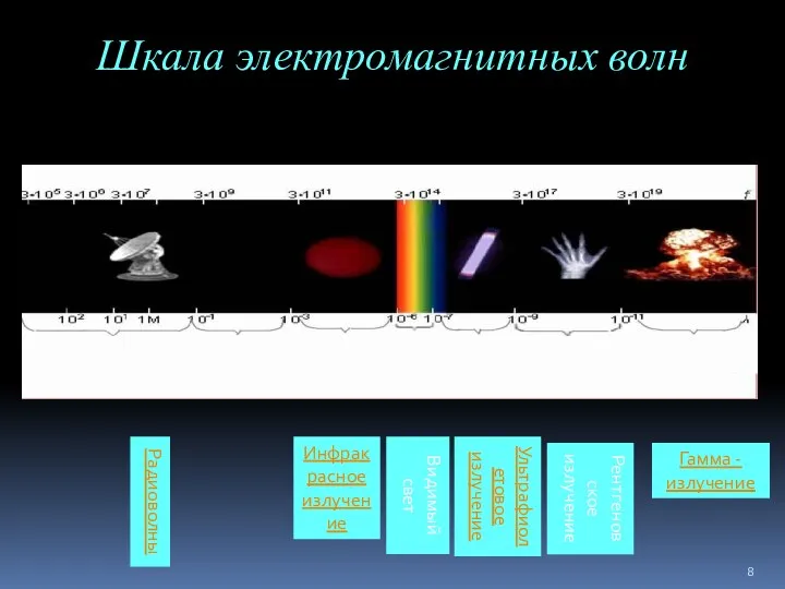Шкала электромагнитных волн Радиоволны Инфракрасное излучение Видимый свет Ультрафиолетовое излучение Рентгеновское излучение Гамма - излучение