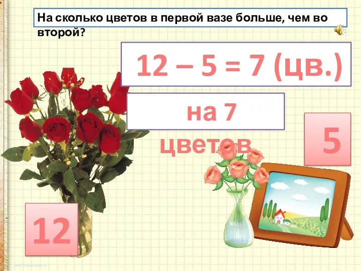 На сколько цветов в первой вазе больше, чем во второй? 12 5