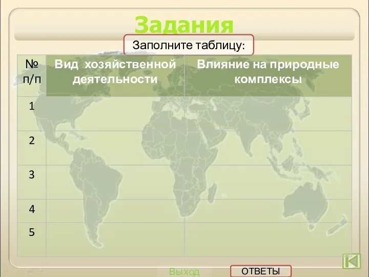 Задания Выход Заполните таблицу: ОТВЕТЫ