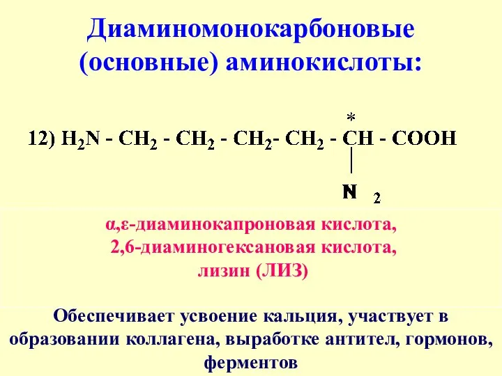Диаминомонокарбоновые (основные) аминокислоты: α,ε-диаминокапроновая кислота, 2,6-диаминогексановая кислота, лизин (ЛИЗ) Обеспечивает усвоение кальция,