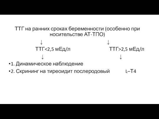 ТТГ на ранних сроках беременности (особенно при носительстве АТ-ТПО) ↓ ↓ ТТГ