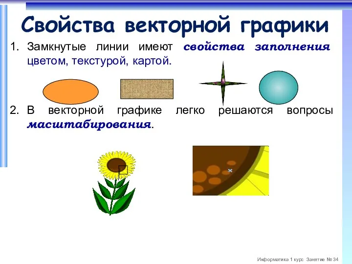 Свойства векторной графики Замкнутые линии имеют свойства заполнения цветом, текстурой, картой. В