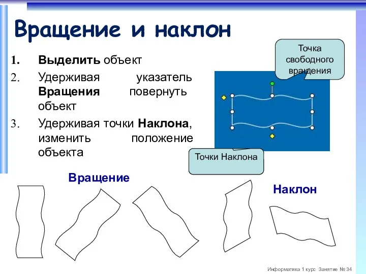 Вращение и наклон Выделить объект Удерживая указатель Вращения повернуть объект Удерживая точки