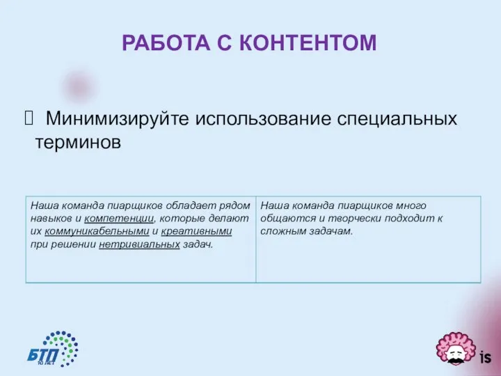 РАБОТА С КОНТЕНТОМ Минимизируйте использование специальных терминов