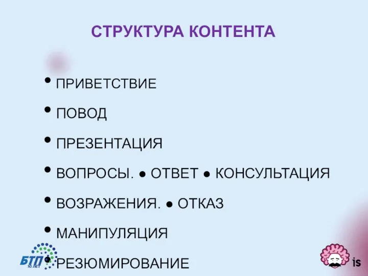 СТРУКТУРА КОНТЕНТА ПРИВЕТСТВИЕ ПОВОД ПРЕЗЕНТАЦИЯ ВОПРОСЫ. ● ОТВЕТ ● КОНСУЛЬТАЦИЯ ВОЗРАЖЕНИЯ. ● ОТКАЗ МАНИПУЛЯЦИЯ РЕЗЮМИРОВАНИЕ «ПОЖЕЛАНИЯ»