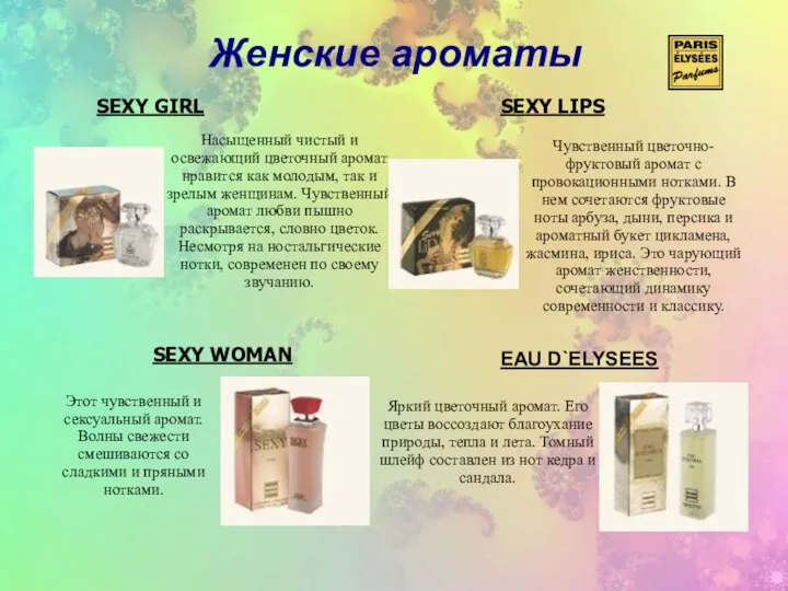 Женские ароматы SEXY GIRL SEXY LIPS SEXY WOMAN EAU D`ELYSEES Насыщенный чистый