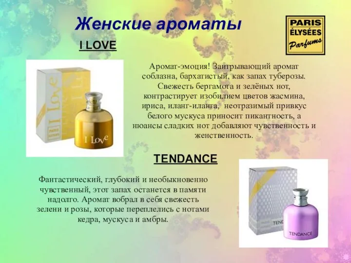 Женские ароматы I LOVE TENDANCE Аромат-эмоция! Заигрывающий аромат соблазна, бархатистый, как запах