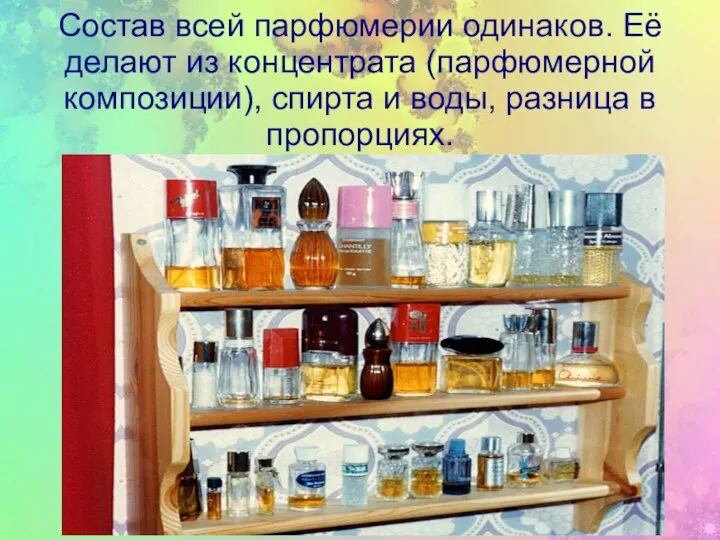 Состав всей парфюмерии одинаков. Её делают из концентрата (парфюмерной композиции), спирта и воды, разница в пропорциях.