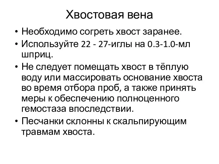 Хвостовая вена Необходимо согреть хвост заранее. Используйте 22 - 27-иглы на 0.3-1.0-мл