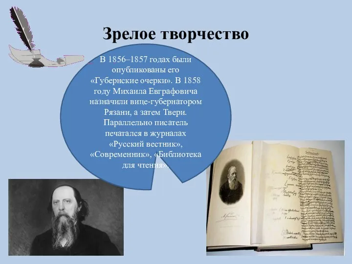 Зрелое творчество В 1856–1857 годах были опубликованы его «Губернские очерки». В 1858