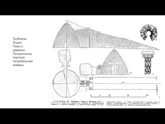 Гробница Атрея. План и разрезы. Полуколонна портала погребальной камеры