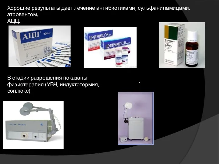 Хорошие результаты дает лечение антибиотиками, сульфаниламидами, атровентом, АЦЦ. В стадии разрешения показаны