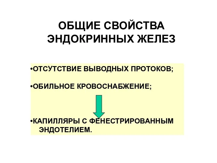 ОБЩИЕ СВОЙСТВА ЭНДОКРИННЫХ ЖЕЛЕЗ ОТСУТСТВИЕ ВЫВОДНЫХ ПРОТОКОВ; ОБИЛЬНОЕ КРОВОСНАБЖЕНИЕ; КАПИЛЛЯРЫ С ФЕНЕСТРИРОВАННЫМ ЭНДОТЕЛИЕМ.