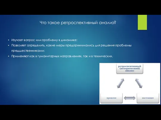 Что такое ретроспективный анализ? Изучает вопрос или проблему в динамике; Позволяет определить,