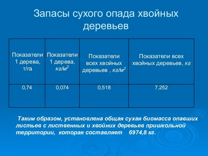 Запасы сухого опада хвойных деревьев Таким образом, установлена общая сухая биомасса опавших