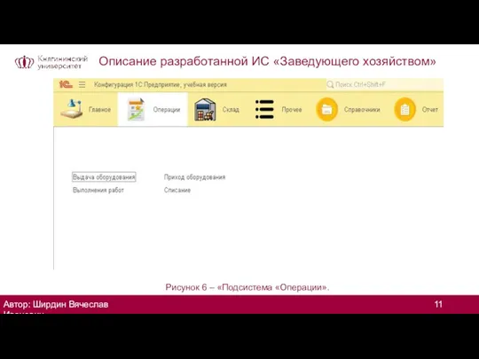 Описание разработанной ИС «Заведующего хозяйством» Автор: Ширдин Вячеслав Иванович Рисунок 6 – «Подсистема «Операции».